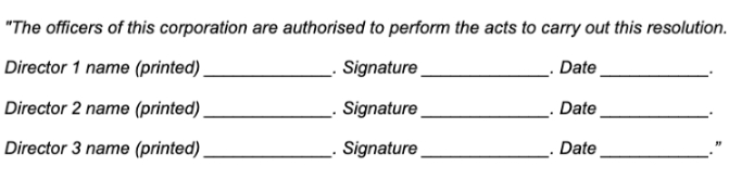 Example list of directors authorised to carry out a resolution